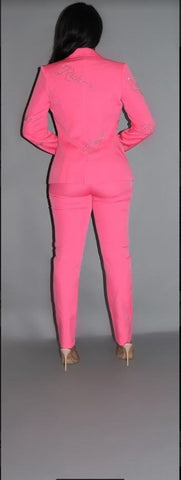 2 Piece Powersuit Blazer & Pants Set With Rhinestone Letterings On Blazer Look Up Deals