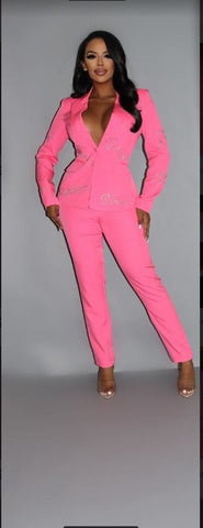 2 Piece Powersuit Blazer & Pants Set With Rhinestone Letterings On Blazer Look Up Deals