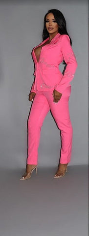 2 Piece Powersuit Blazer & Pants Set With Rhinestone Letterings On Blazer Look Up Deals