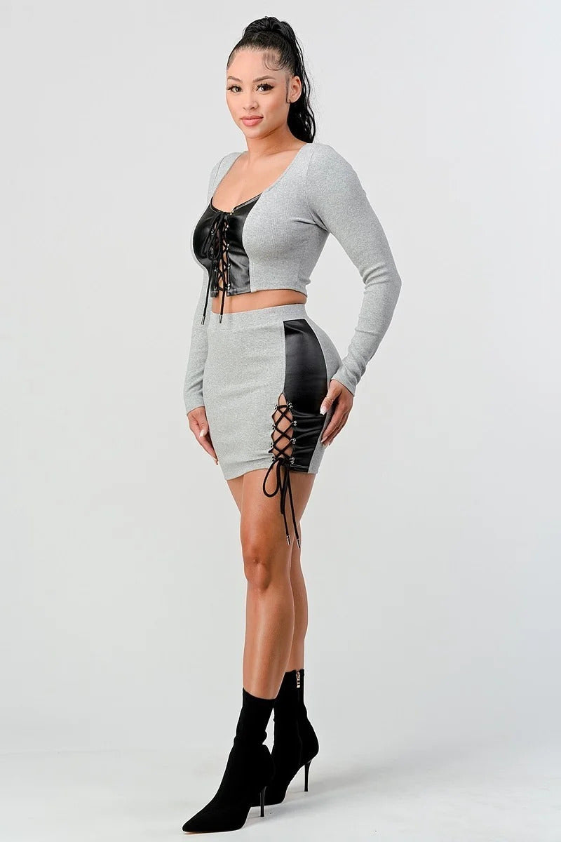 2 Piece Set With Cropped Long Sleeve Shirt With Pu Leather Detail Matching Mini Skirt Look Up Deals