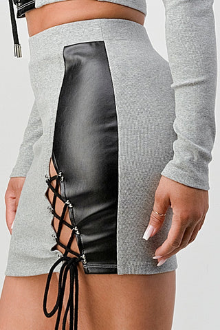 2 Piece Set With Cropped Long Sleeve Shirt With Pu Leather Detail Matching Mini Skirt Look Up Deals