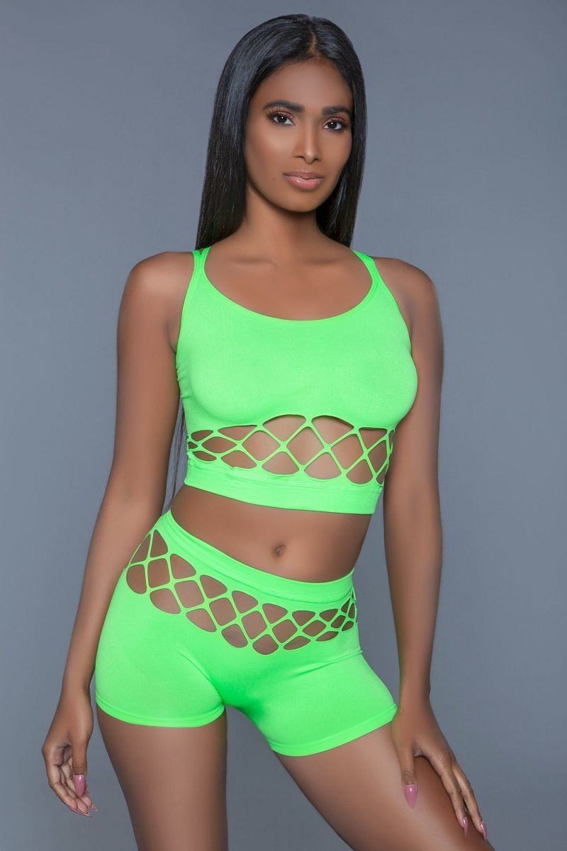 2 pc silk fishnet set that includes a tank crop top with criss-cross cami straps and a pair of high waisted booty shorts. Look Up Deals