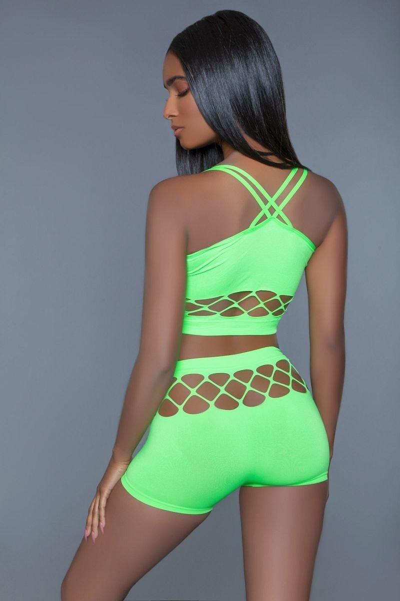 2 pc silk fishnet set that includes a tank crop top with criss-cross cami straps and a pair of high waisted booty shorts. Look Up Deals