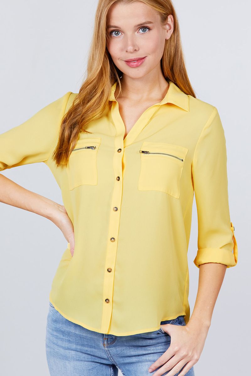 3/4 Roll Up Sleeve Pocket W/zipper Detail Woven Blouse Look Up Deals