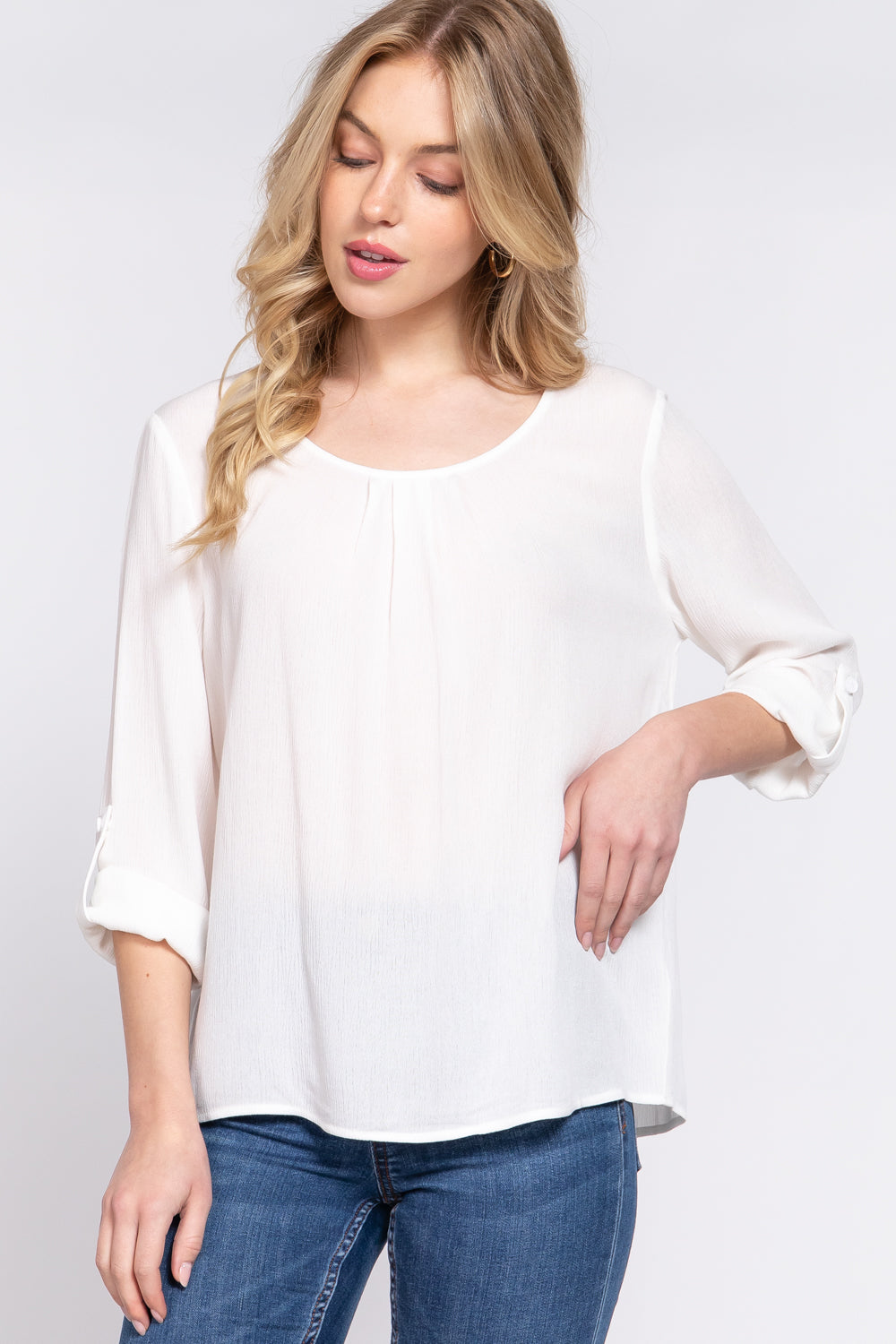 3/4 Roll Up Slv Pleated Blouse Look Up Deals