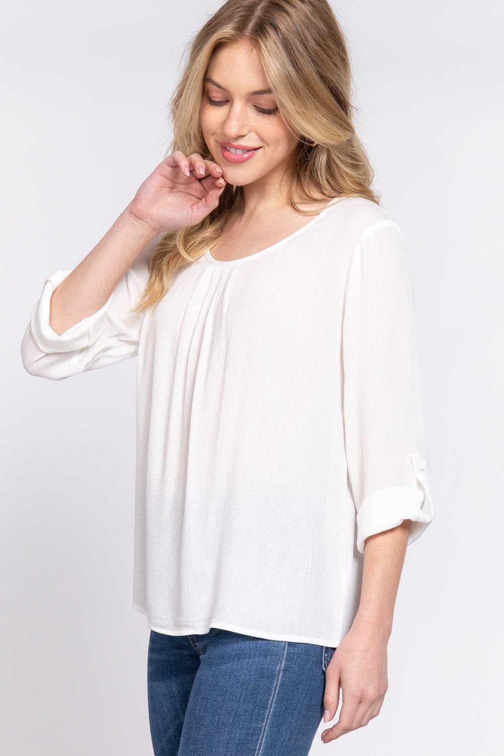 3/4 Roll Up Slv Pleated Blouse Look Up Deals