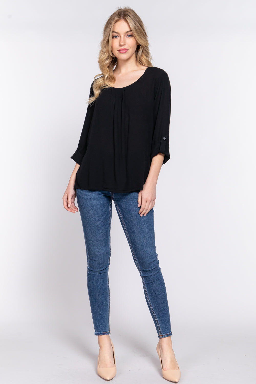 3/4 Roll Up Slv Pleated Blouse Look Up Deals