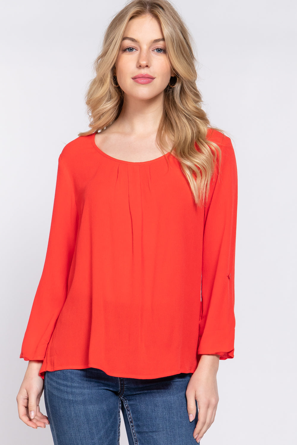 3/4 Roll Up Slv Pleated Blouse Look Up Deals