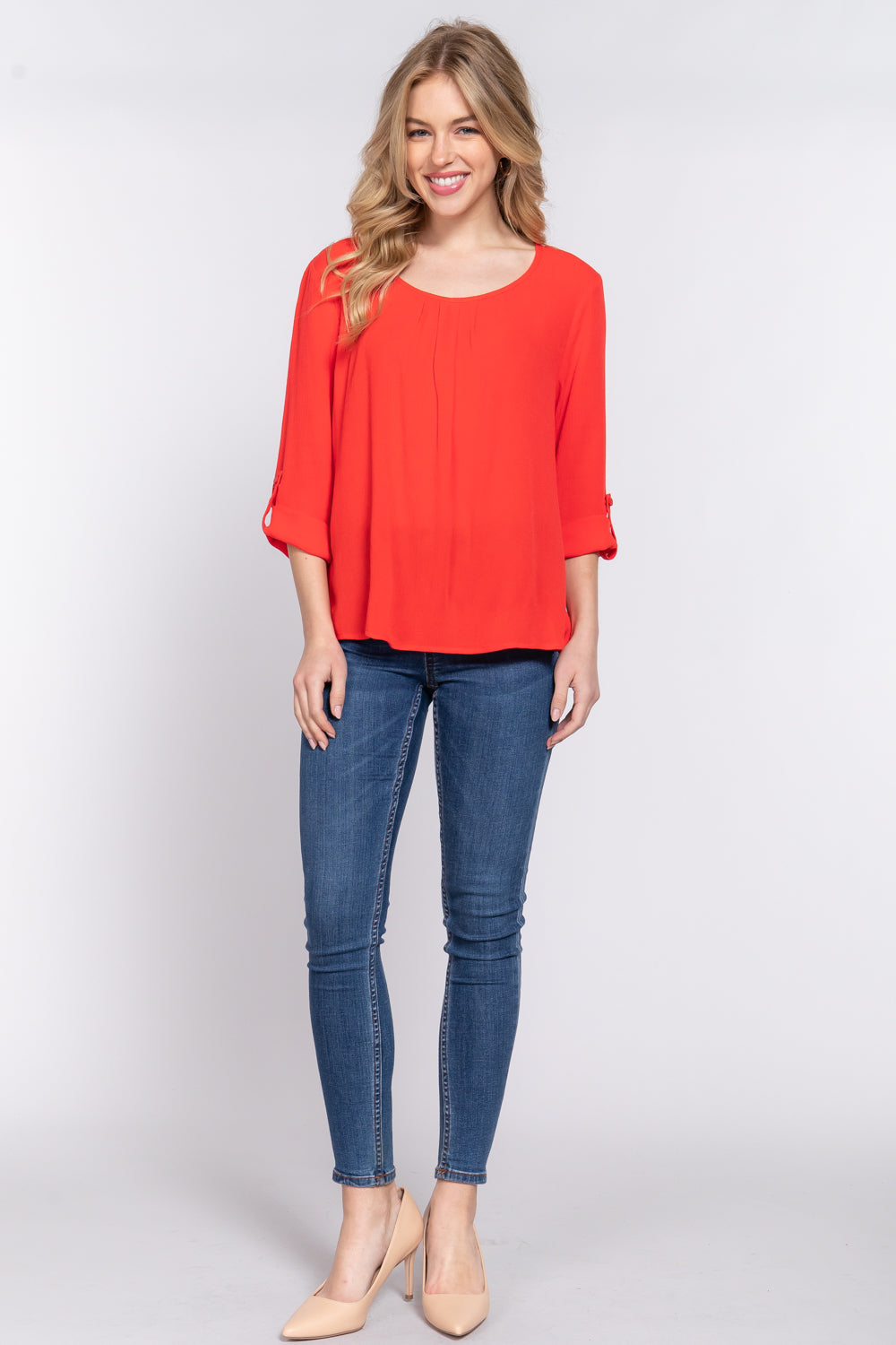 3/4 Roll Up Slv Pleated Blouse Look Up Deals