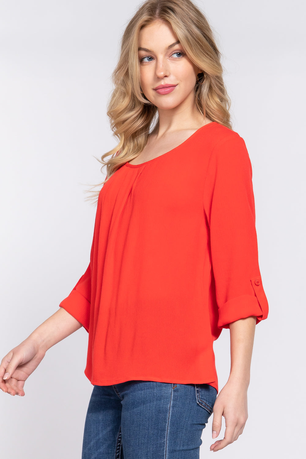 3/4 Roll Up Slv Pleated Blouse Look Up Deals