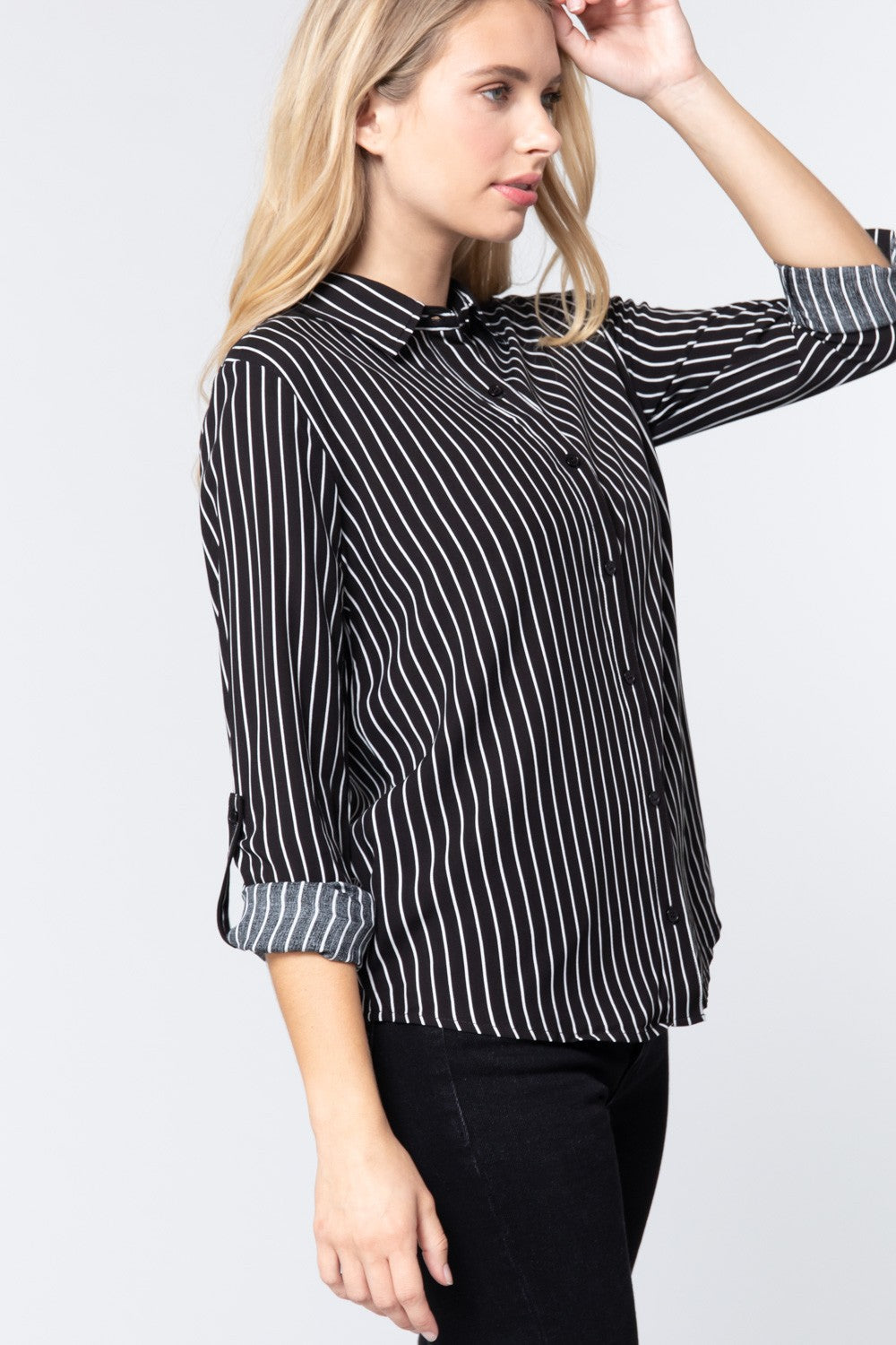 3/4 Roll Up Slv Stripe Print Shirt Look Up Deals