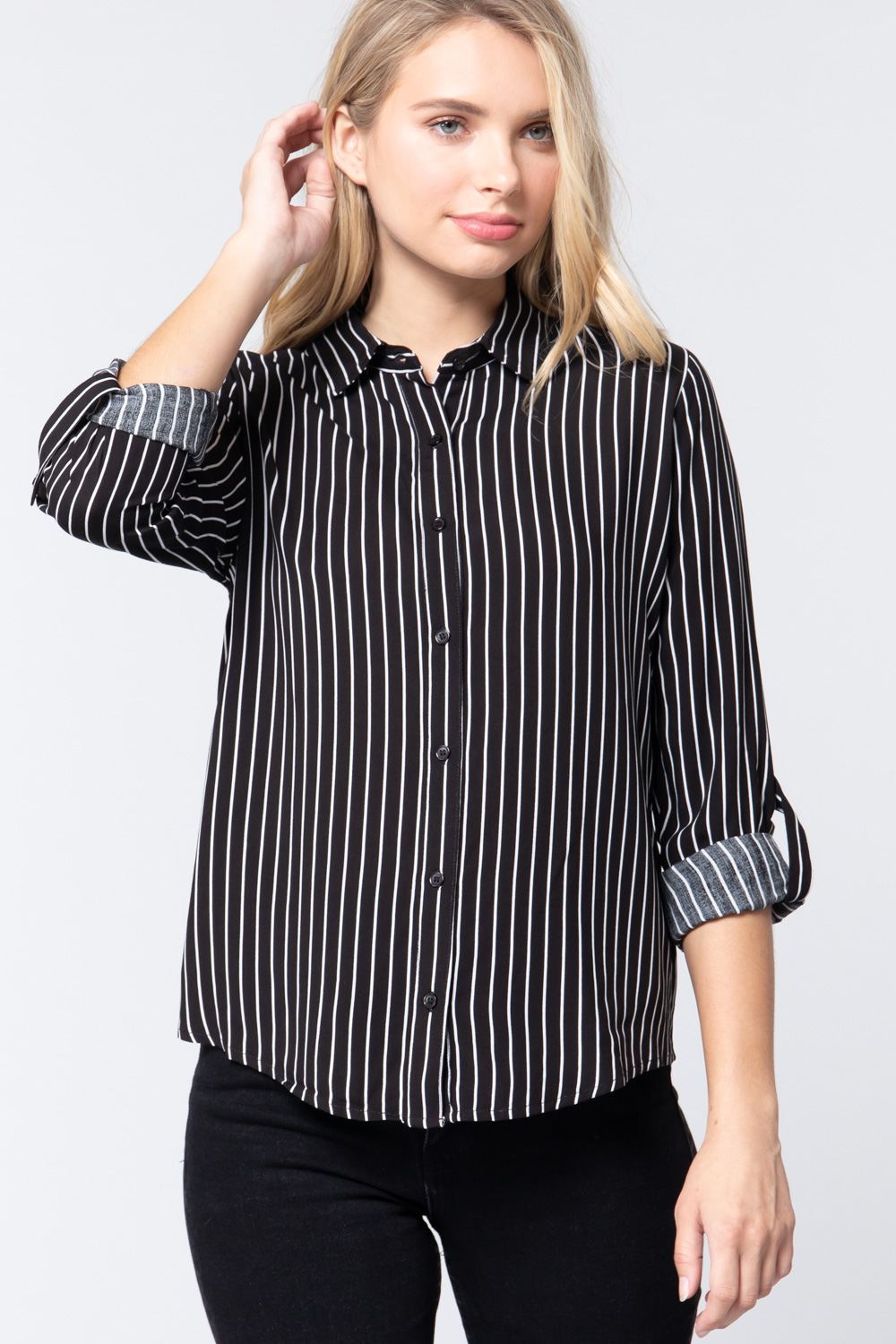 3/4 Roll Up Slv Stripe Print Shirt Look Up Deals