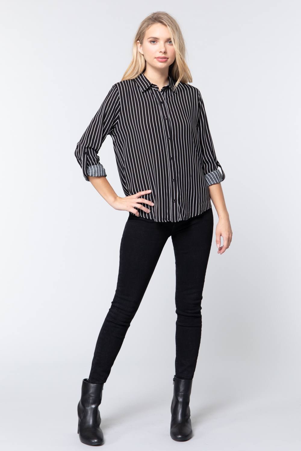 3/4 Roll Up Slv Stripe Print Shirt Look Up Deals