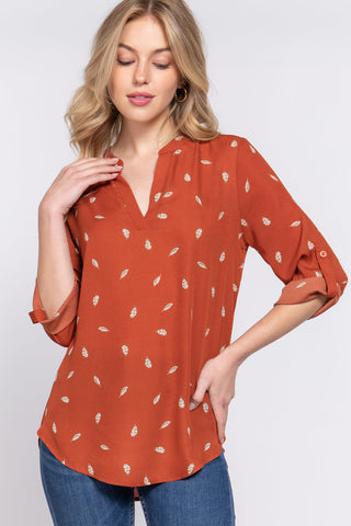 3/4 Roll Up Slv V-neck Print Blouse Look Up Deals