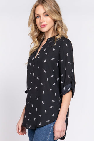 3/4 Roll Up Slv V-neck Print Blouse Look Up Deals