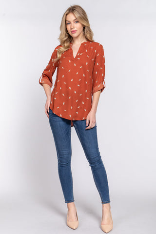 3/4 Roll Up Slv V-neck Print Blouse Look Up Deals