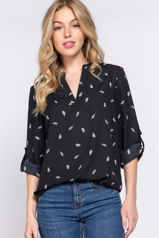 3/4 Roll Up Slv V-neck Print Blouse Look Up Deals