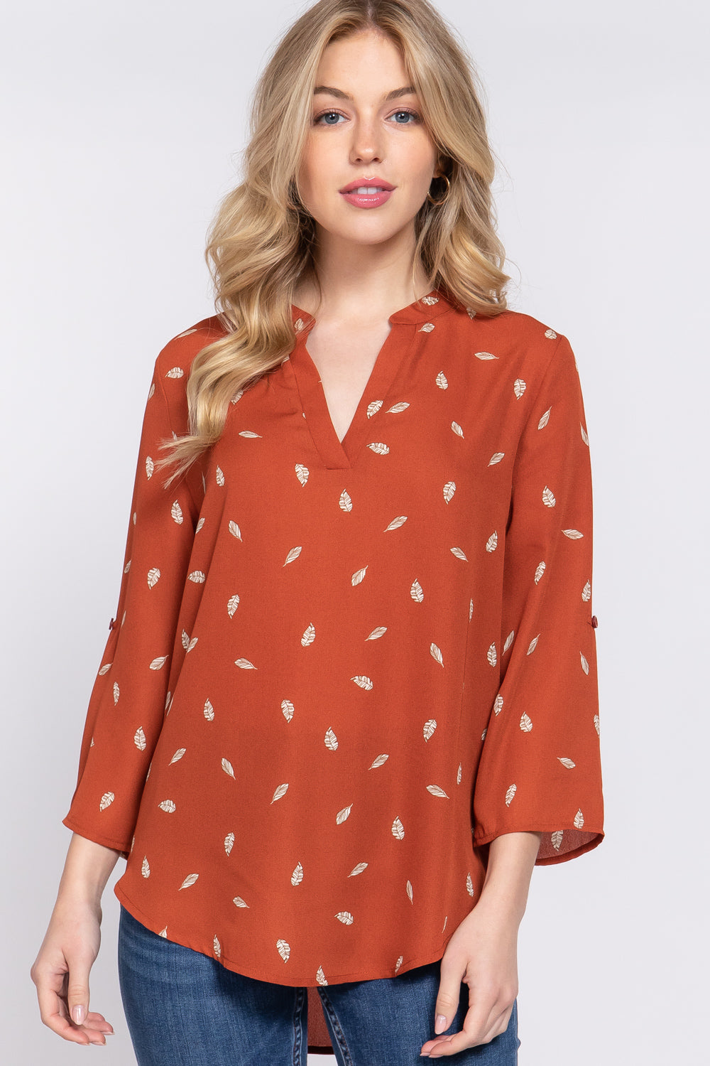 3/4 Roll Up Slv V-neck Print Blouse Look Up Deals