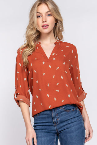 3/4 Roll Up Slv V-neck Print Blouse Look Up Deals