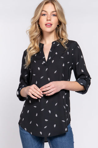 3/4 Roll Up Slv V-neck Print Blouse Look Up Deals