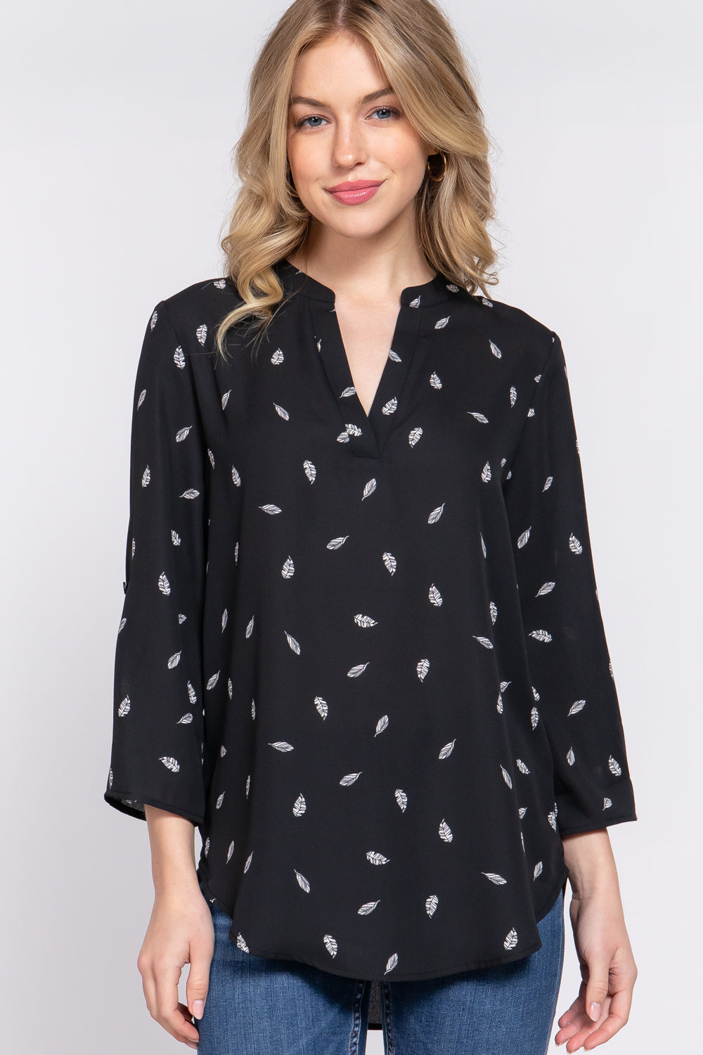 3/4 Roll Up Slv V-neck Print Blouse Look Up Deals