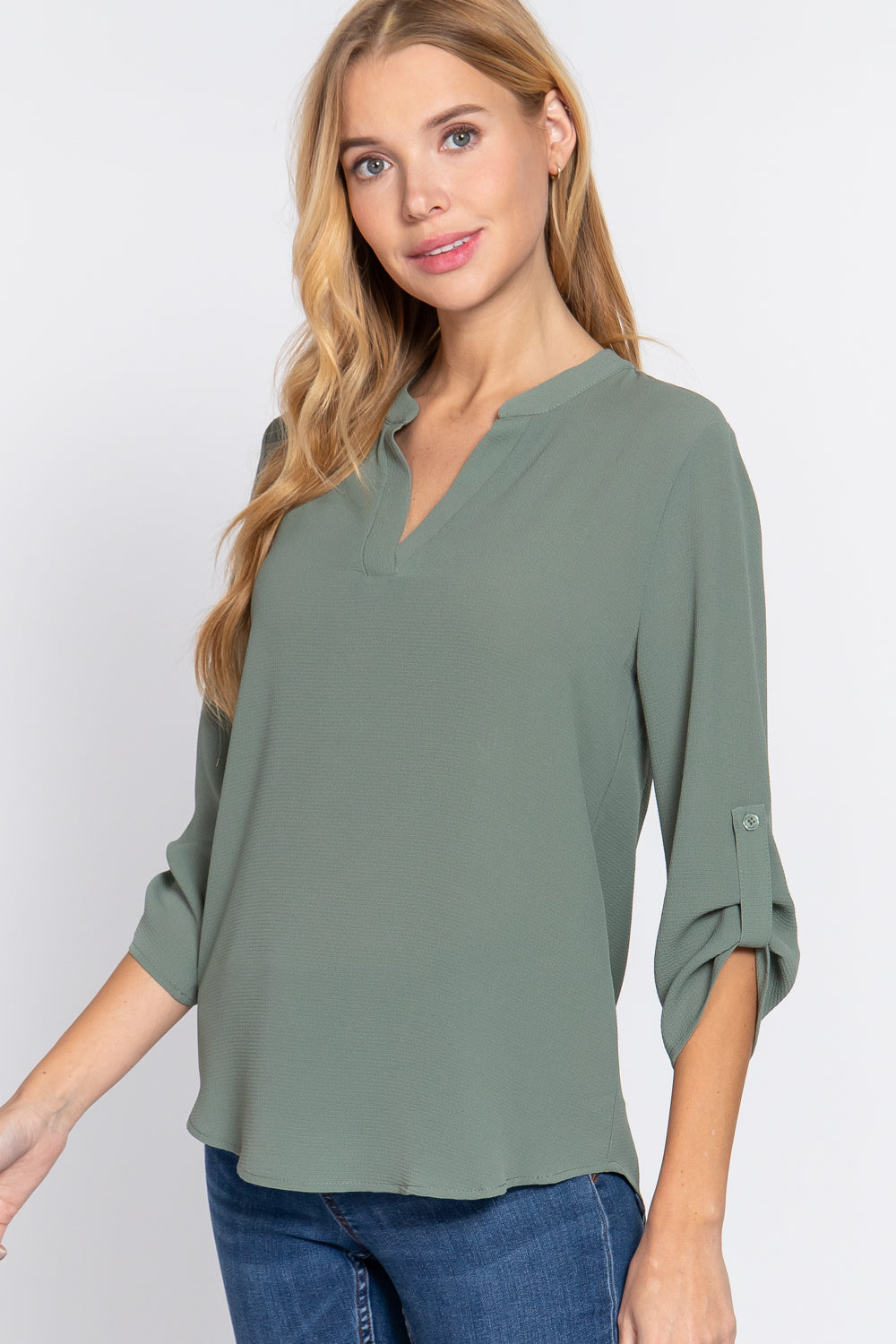 3/4 Roll Up Slv Woven Blouse Look Up Deals