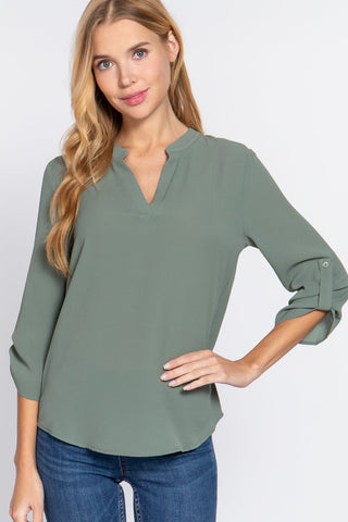 3/4 Roll Up Slv Woven Blouse Look Up Deals