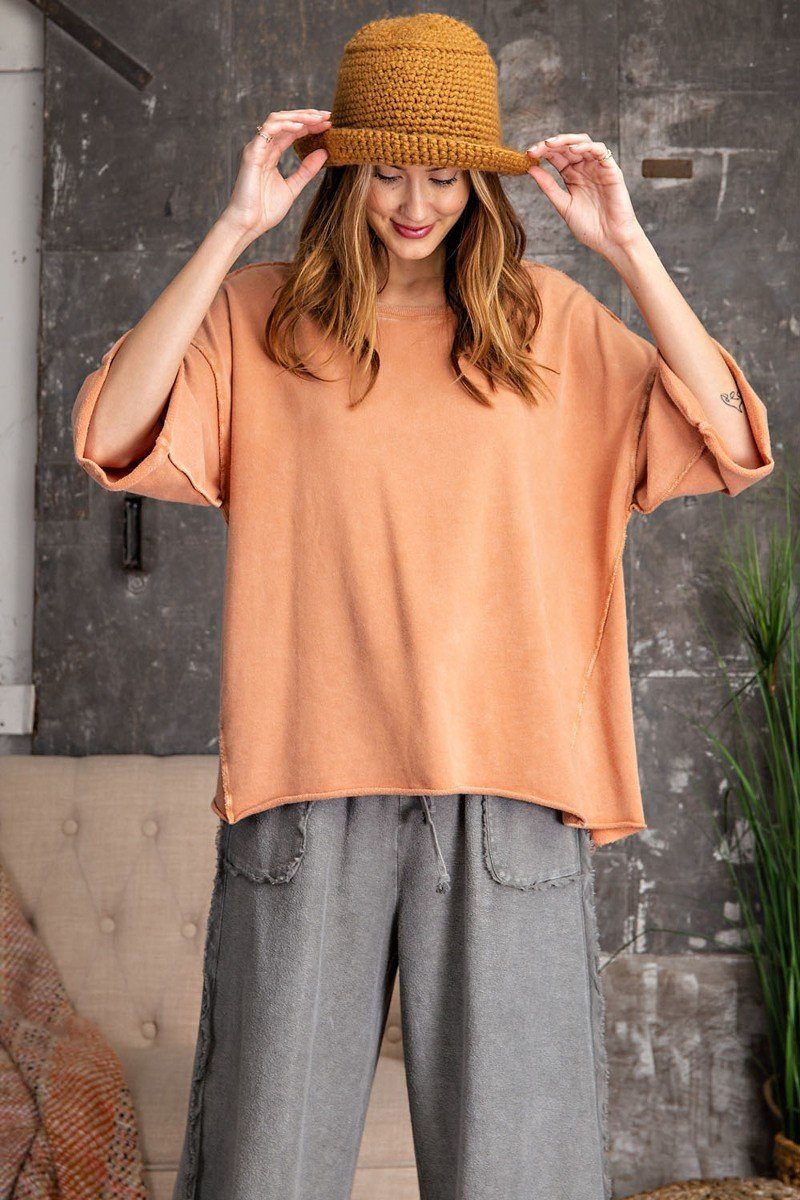 3/4 Slvs Mineral Washed Terry Knit Boxy Top Look Up Deals