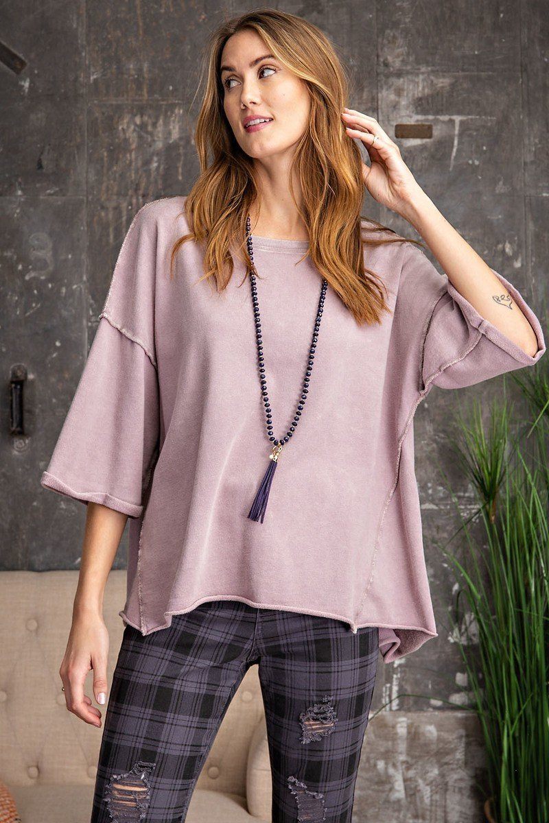 3/4 Slvs Mineral Washed Terry Knit Boxy Top Look Up Deals