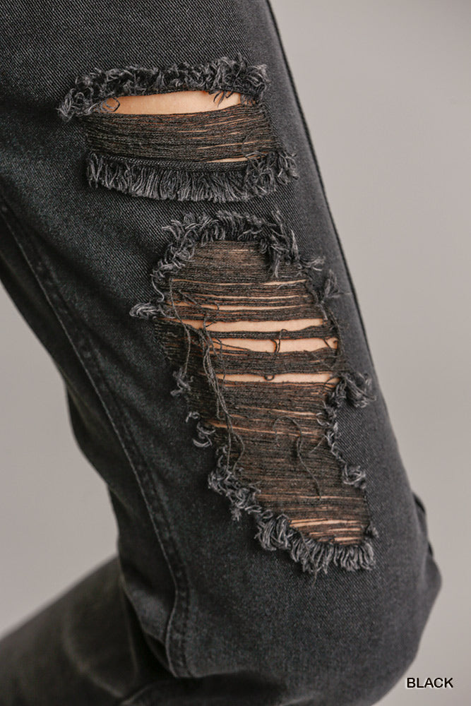 5 Pockets Non-stretch Straight Cut Distressed Denim Jeans With Raw Hem Look Up Deals