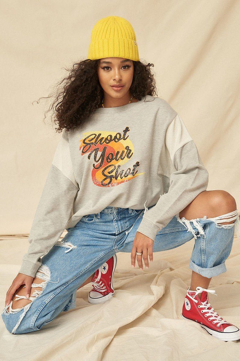 A French Terry Knit Graphic Sweatshirt Look Up Deals