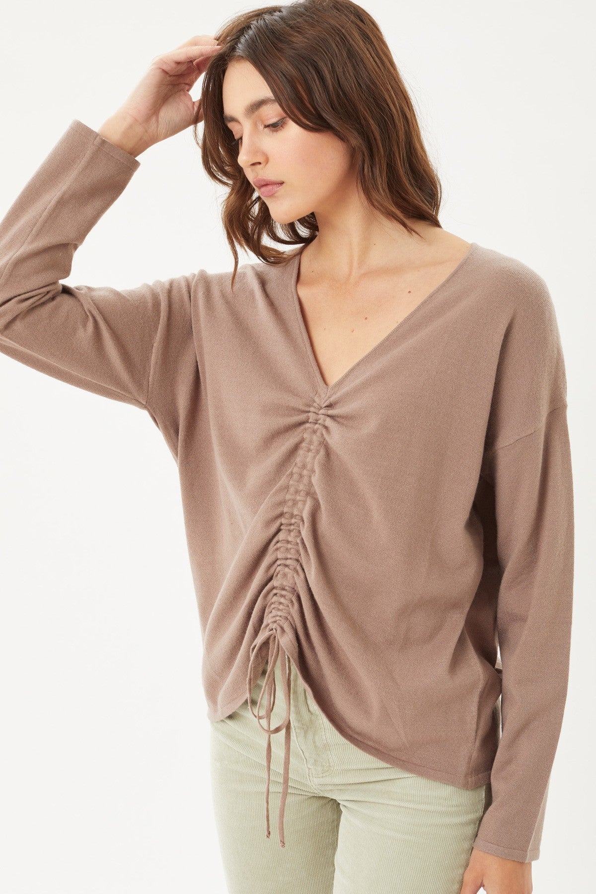 A V-neckline Drawstring Ruched Top Look Up Deals