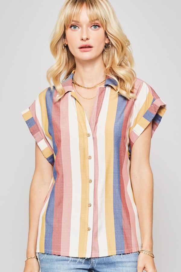 A Woven Shirt In Multicolor Striped With Collared Neckline Look Up Deals