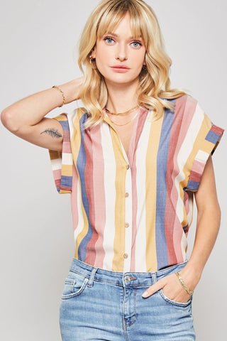 A Woven Shirt In Multicolor Striped With Collared Neckline Look Up Deals