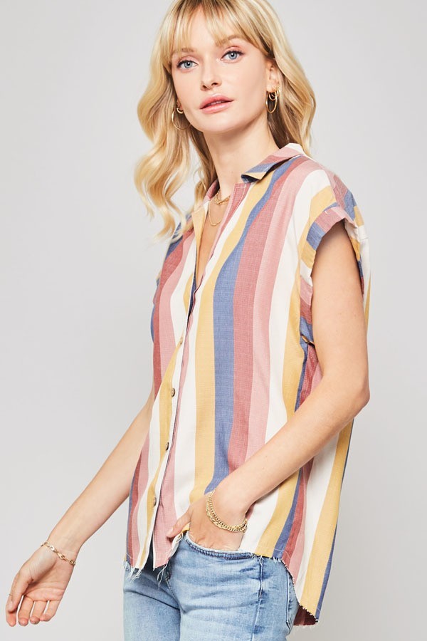 A Woven Shirt In Multicolor Striped With Collared Neckline Look Up Deals