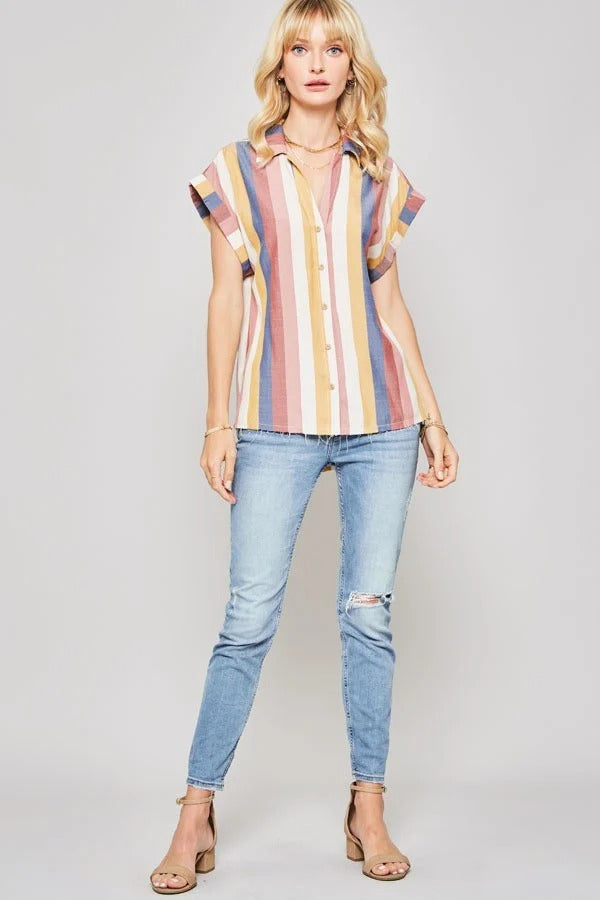 A Woven Shirt In Multicolor Striped With Collared Neckline Look Up Deals