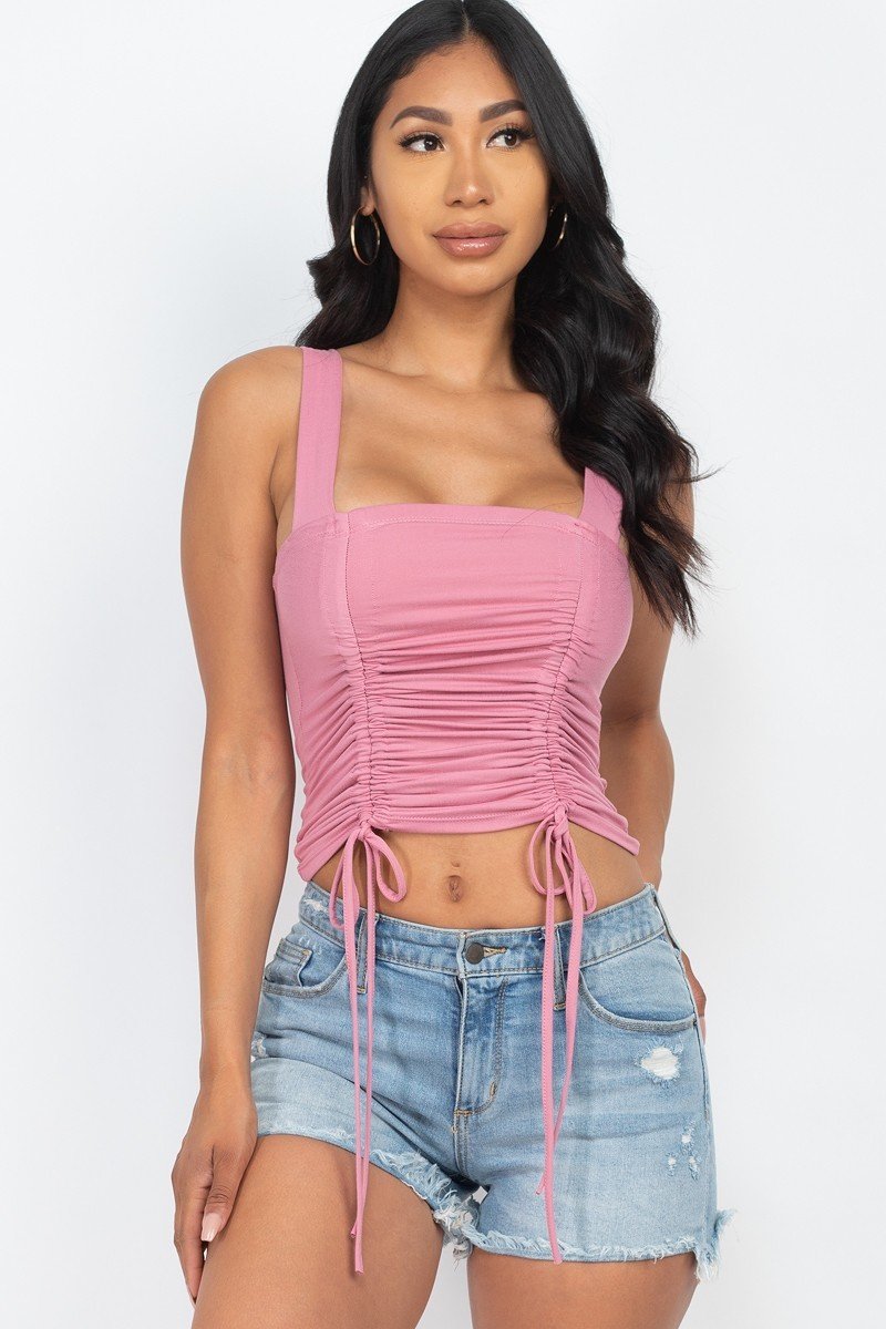 Adjustable Front Ruched With String Square Neck Crop Tops Look Up Deals