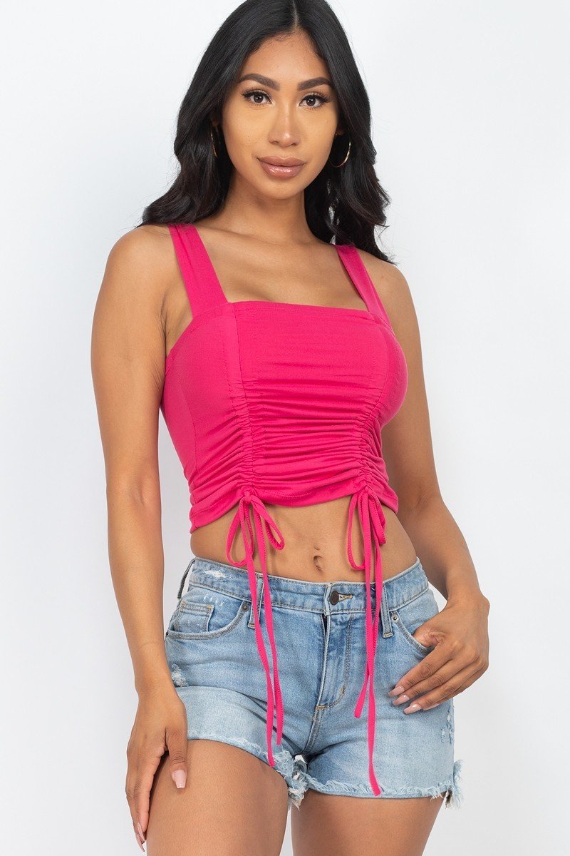 Adjustable Front Ruched With String Square Neck Crop Tops Look Up Deals