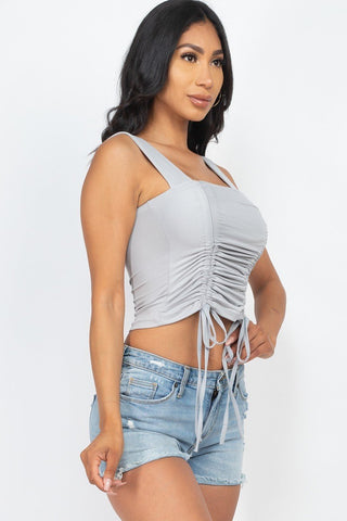 Adjustable Front Ruched With String Square Neck Crop Tops Look Up Deals