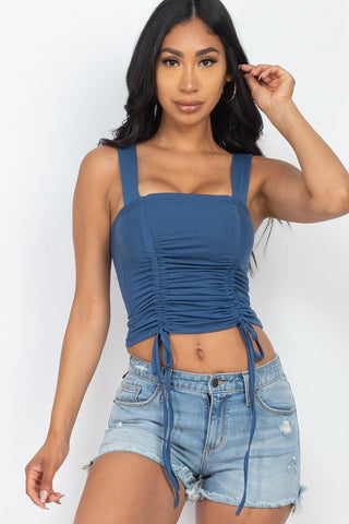 Adjustable Front Ruched With String Square Neck Crop Tops Look Up Deals