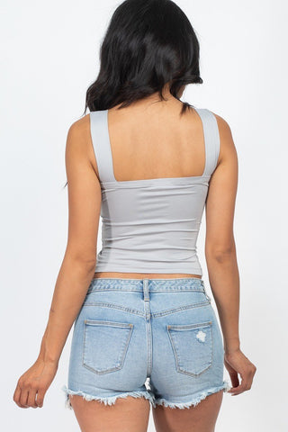 Adjustable Front Ruched With String Square Neck Crop Tops Look Up Deals