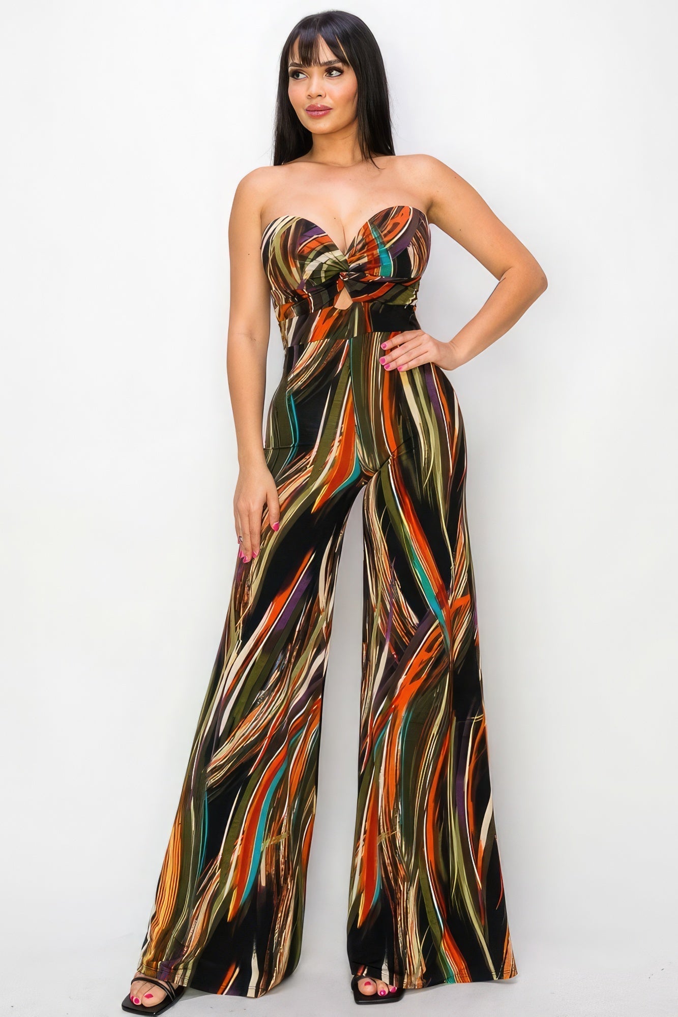 Allover Print Twist Front Wide Leg Jumpsuit Look Up Deals