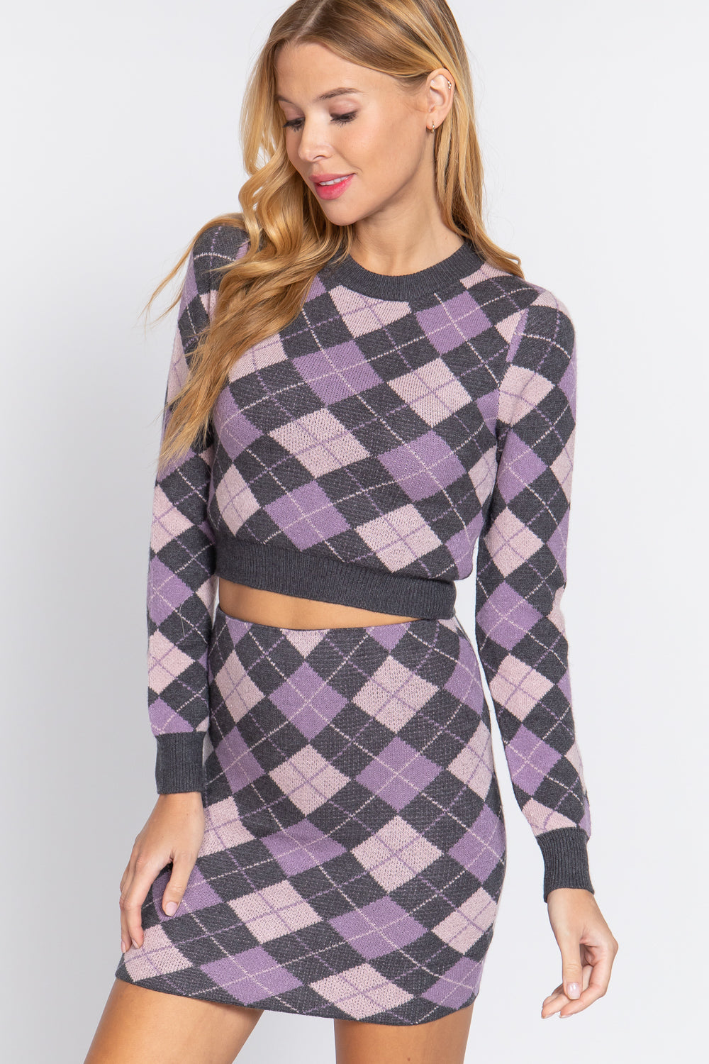 Argyle Jacquard Crop Sweater Look Up Deals