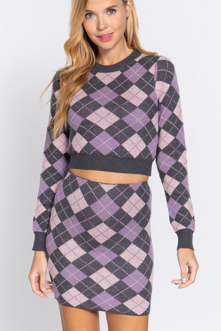 Argyle Jacquard Sweater Mini Skirt Look Up Deals