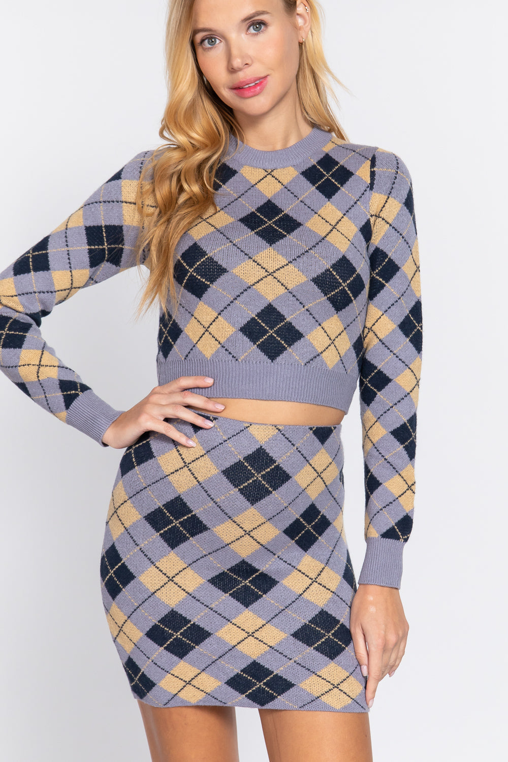 Argyle Jacquard Sweater Mini Skirt Look Up Deals