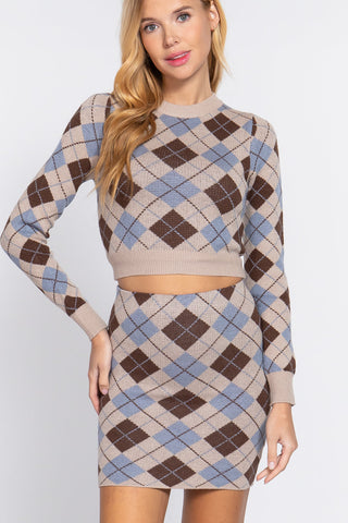 Argyle Jacquard Sweater Mini Skirt Look Up Deals