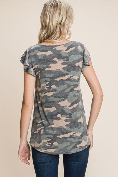 Army Camo Printed Cut Out Neckline Short Flutter Sleeves Casual Basic Top Look Up Deals