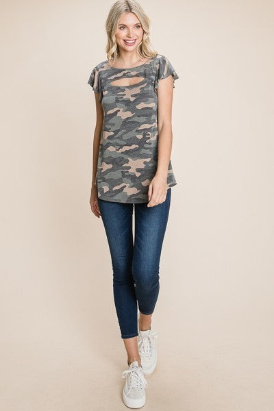 Army Camo Printed Cut Out Neckline Short Flutter Sleeves Casual Basic Top Look Up Deals