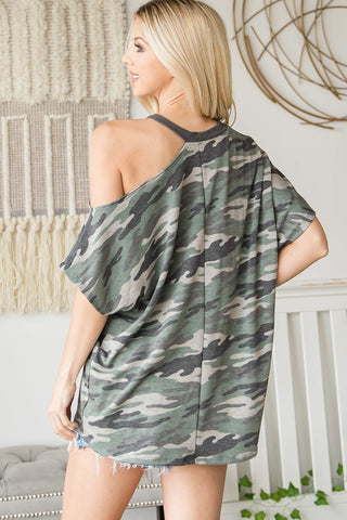 Asymmetric Neck Contrast Trim Camo Print Top Look Up Deals