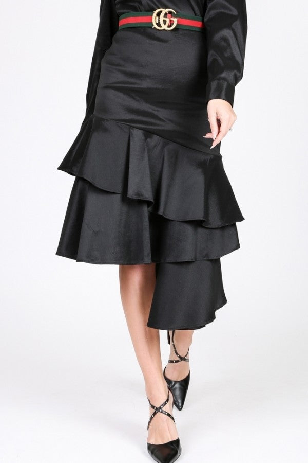 Asymmetrical Ruffle Bottom Satin Skirt Look Up Deals